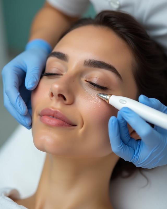 female client receiving microneedling skinpen service under her left eye at The Med Spa of Flower